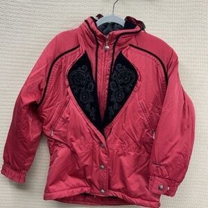 VTG Obermeyer Akasha Red/Black Velvet Trim Hooded Ski/Snow Jacket Women Size 10
